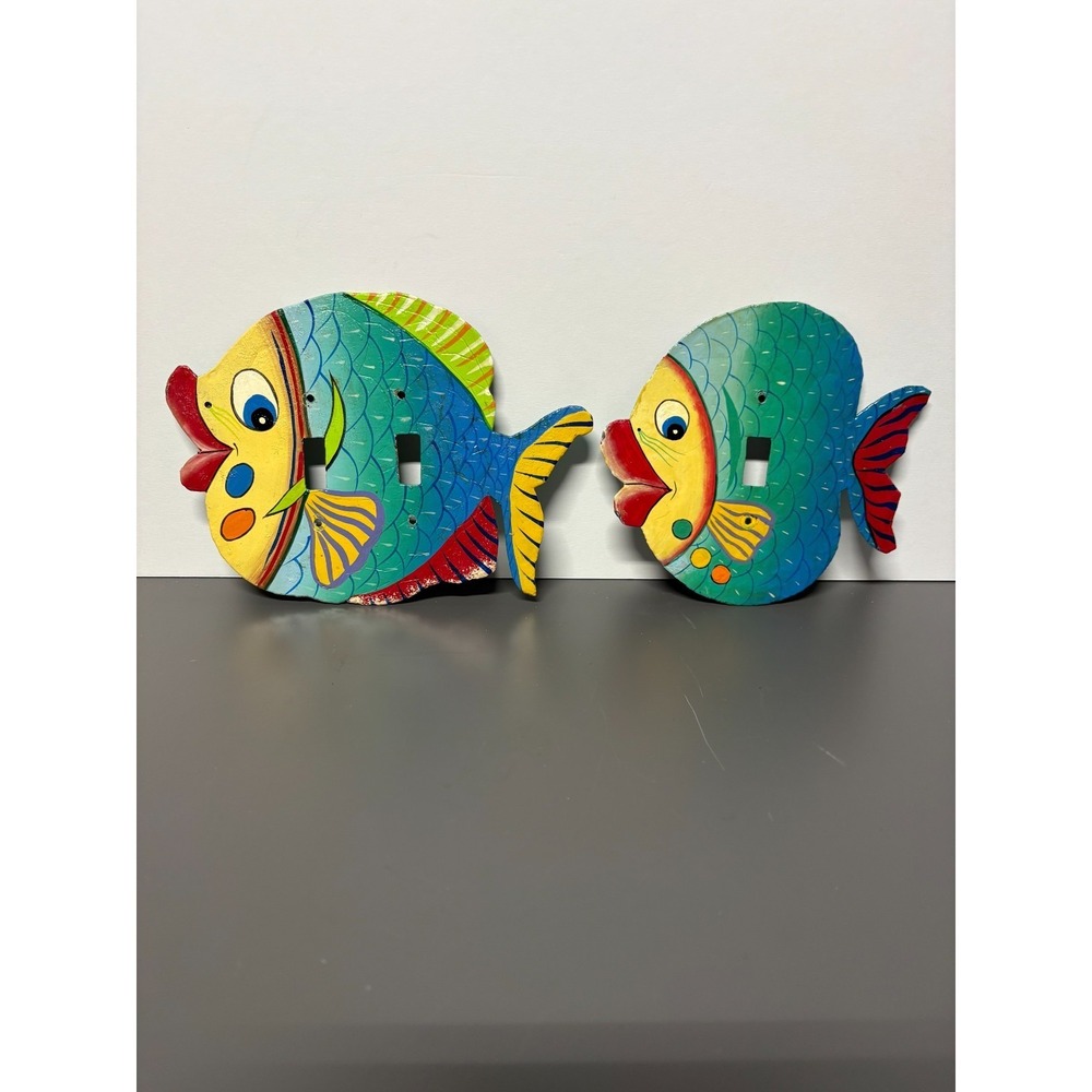 Hand Painted Metal Fish Light Switch Plates Lot of 2 Whimsical Nautical Coastal